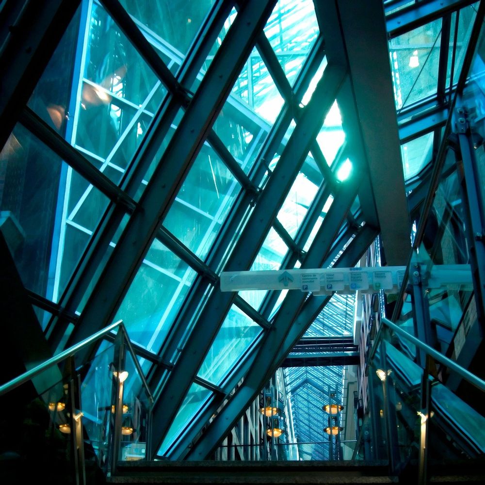 Looking up through a glass atrium